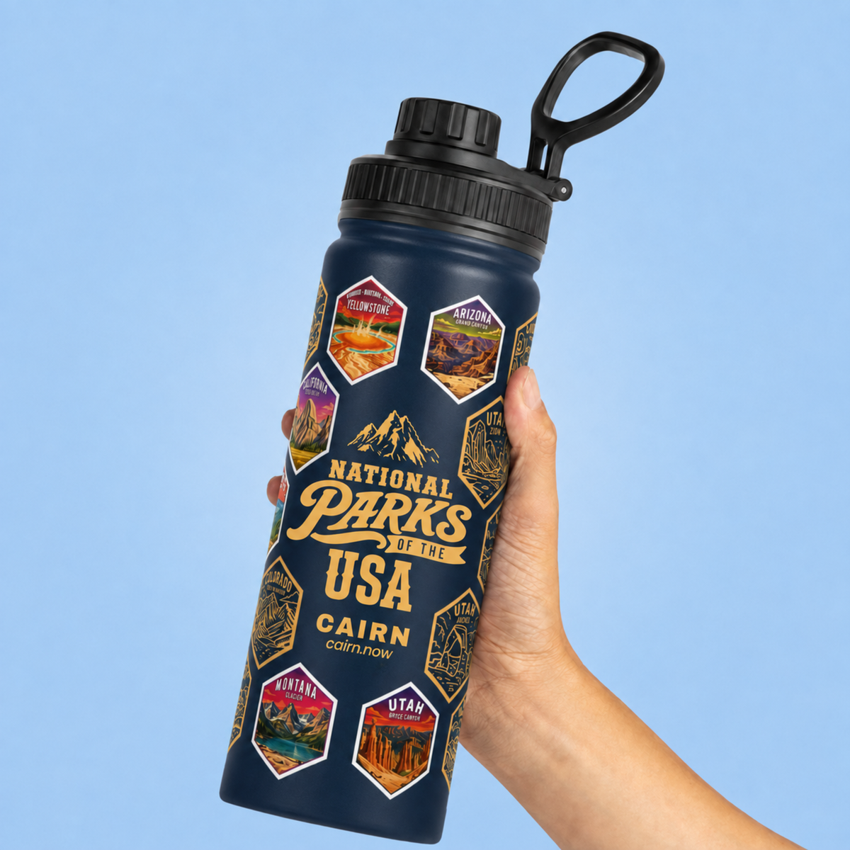 National Parks bucket list water bottle in navy with park stickers