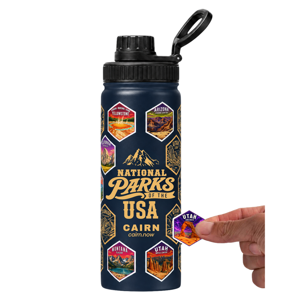 National Parks bucket list water bottle in navy with park stickers