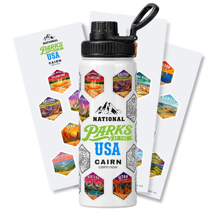 National Parks bucket list water bottle in white with park stickers