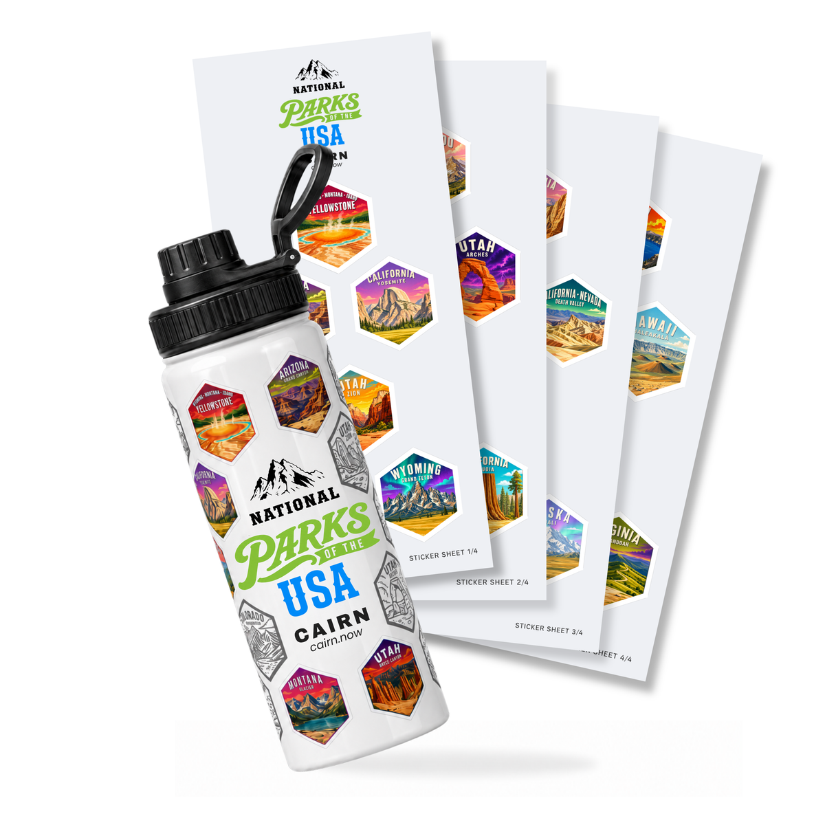 National Parks bucket list water bottle in white with park stickers