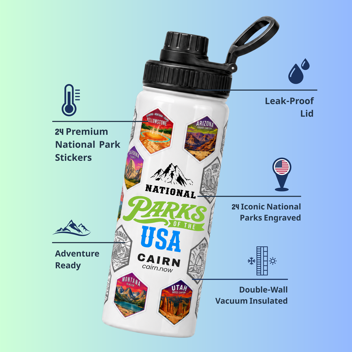 National Parks bucket list water bottle in white with park stickers