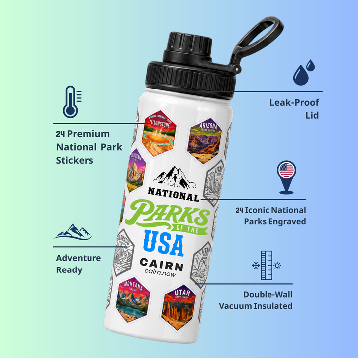 National Parks bucket list water bottle in white with park stickers