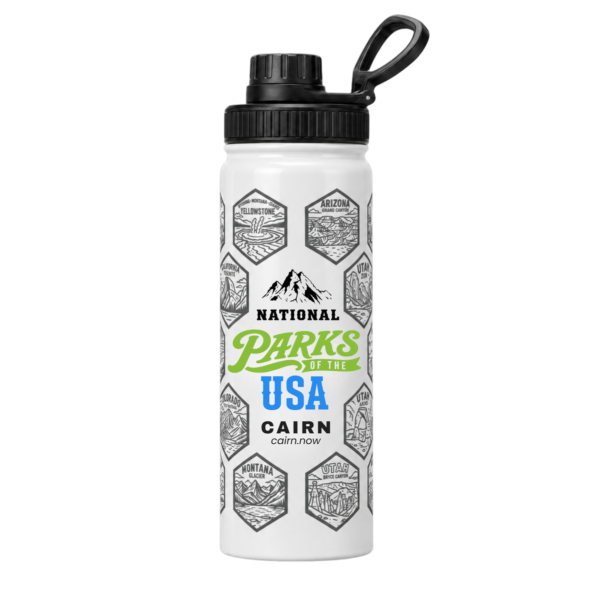 National Parks bucket list water bottle in white with park stickers