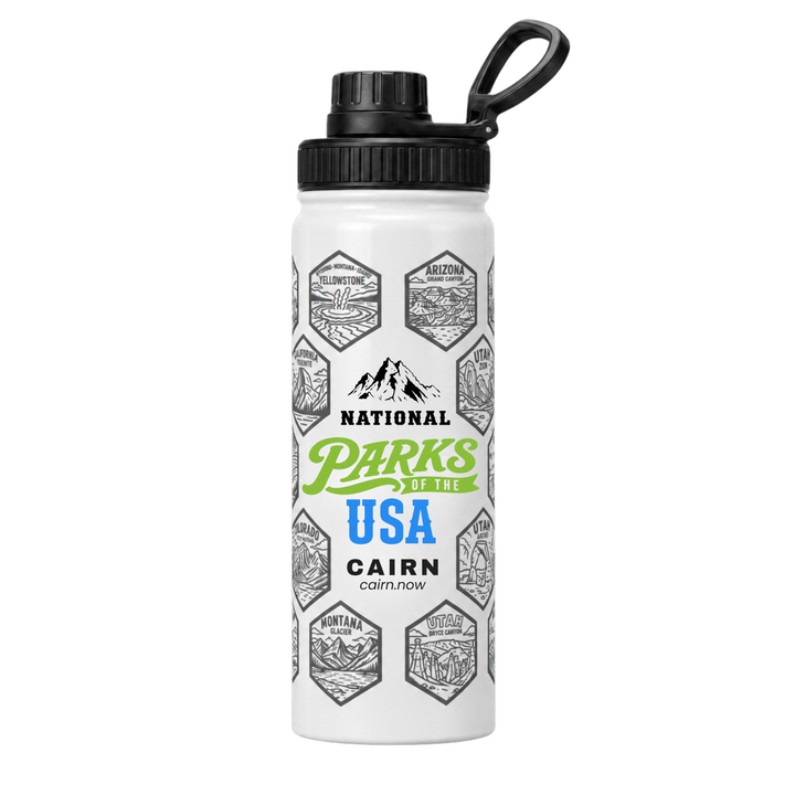 National Parks bucket list water bottle in white with park stickers