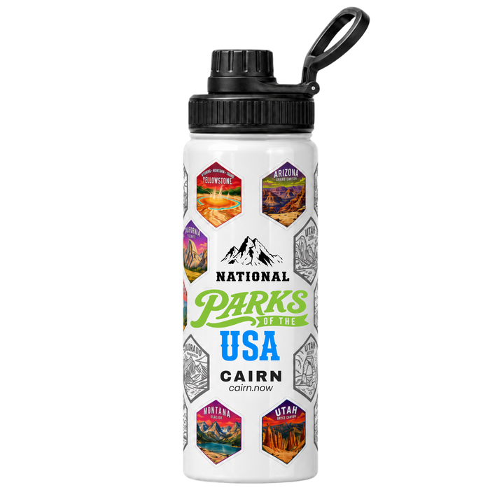 National Parks bucket list water bottle in white with park stickers
