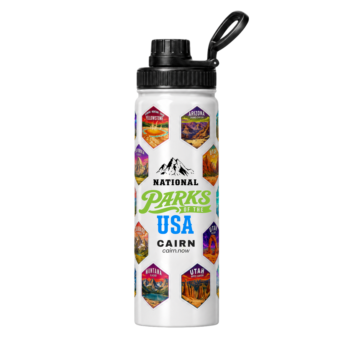 National Parks bucket list water bottle in white with park stickers