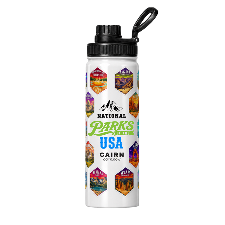 National Parks bucket list water bottle in white with park stickers