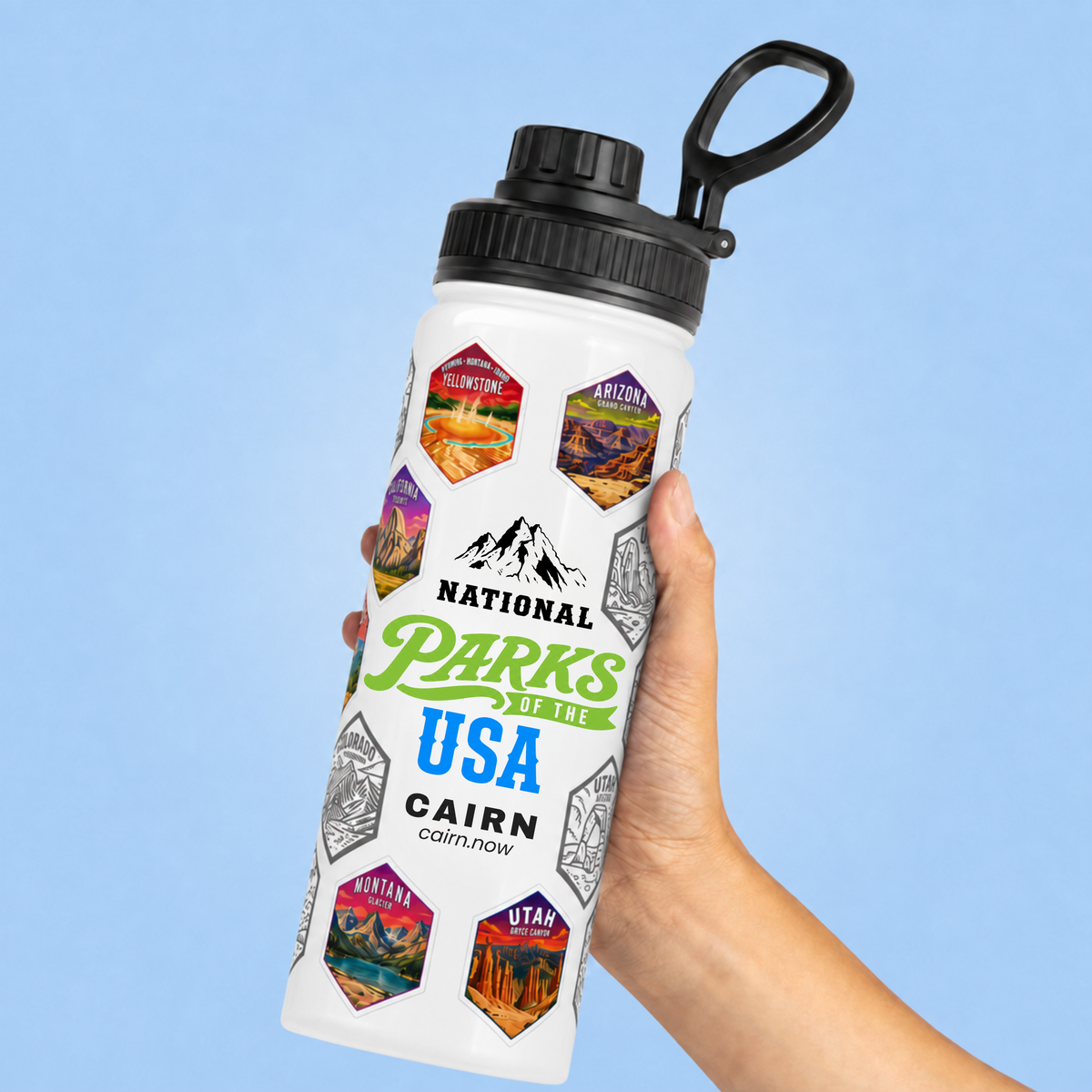 National Parks bucket list water bottle in white with park stickers