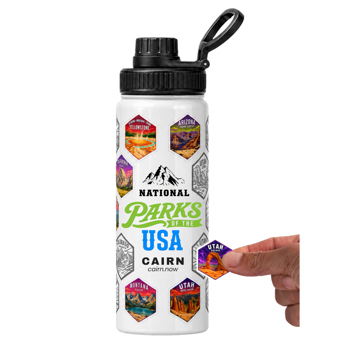 National Parks bucket list water bottle in white with park stickers
