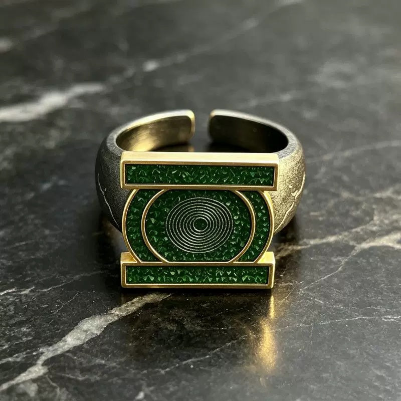 Front view of the green emblem copper open-band ring