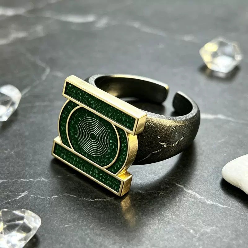 Close-up of the green detailing and textured copper band