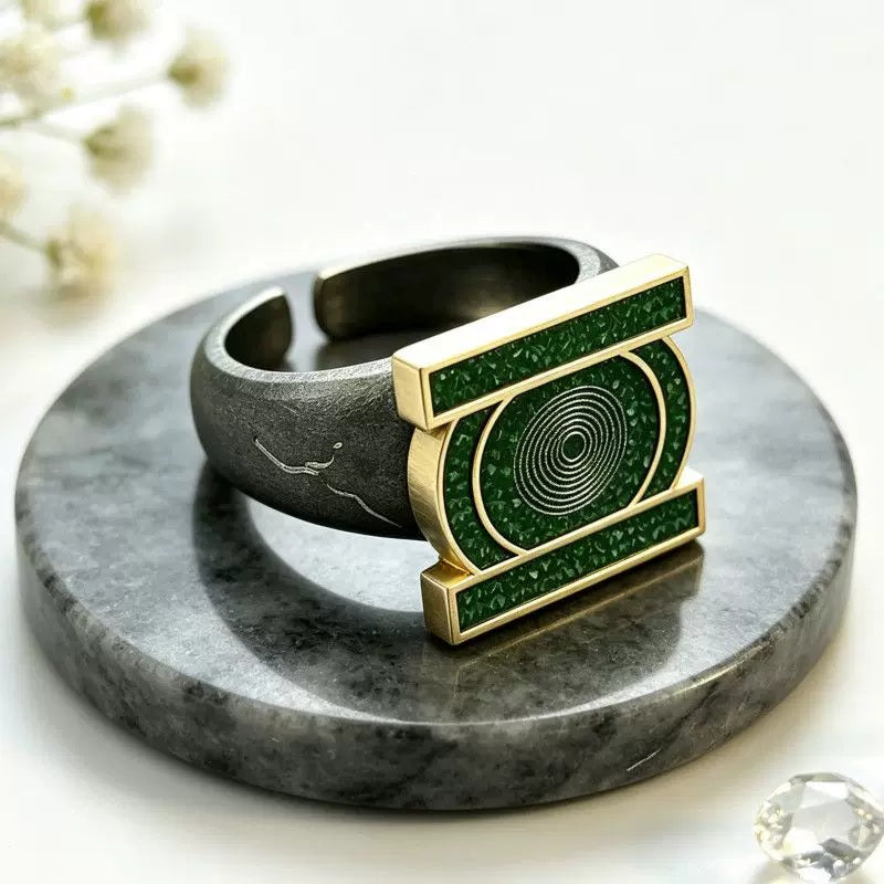 Side view of the green emblem ring on a display stand