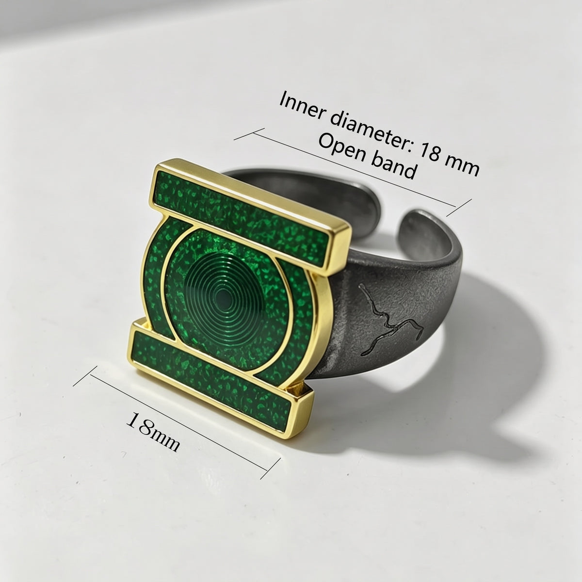 Ring dimensions: 18 mm inner diameter, open band, and 18 mm face width